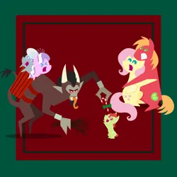 Size: 2160x2160 | Tagged: safe, anonymous artist, derpibooru import, big macintosh, diamond tiara, fluttershy, silver spoon, oc, oc:late riser, earth pony, pegasus, pony, series:fm holidays, series:hearth's warming advent calendar 2024, g4, ><, advent calendar, alternate hairstyle, basket, candy, candy cane, christmas, colt, eyes closed, fangs, female, filly, fluttermac, foal, food, frown, gritted teeth, high res, holiday, hug, image, krampus, lineless, male, mare, offspring, open mouth, open smile, parent:big macintosh, parent:fluttershy, parents:fluttermac, png, pointy ponies, scared, shipping, short mane, smiling, stallion, straight, teeth, toddler, tongue out, varying degrees of want