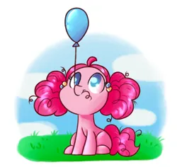 Size: 1800x1700 | Tagged: safe, artist:sunnyhoneybone, derpibooru import, pinkie pie, earth pony, pony, g4, balloon, female, filly, foal, hair tie, image, png, sitting, solo, younger