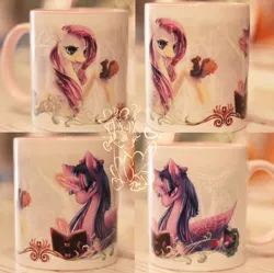 Size: 1273x1268 | Tagged: safe, artist:tzulin520, derpibooru import, fluttershy, twilight sparkle, twilight sparkle (alicorn), alicorn, pegasus, pony, squirrel, g4, book, craft, duo, female, image, irl, jpeg, mare, mug, photo, reading