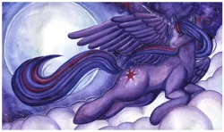 Size: 1024x605 | Tagged: safe, artist:therabbitfollower, derpibooru import, twilight sparkle, twilight sparkle (alicorn), alicorn, pony, g4, female, flying, full moon, image, mare, moon, png, solo