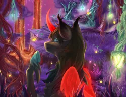 Size: 1024x787 | Tagged: safe, artist:xanthiminora, derpibooru import, oc, unofficial characters only, firefly (insect), insect, pony, abyssal, curved horn, ear piercing, forest, horn, image, nature, piercing, png, solo, tree, unshorn fetlocks, wings