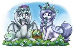 Size: 2500x1600 | Tagged: safe, artist:king-kakapo, derpibooru import, oc, unofficial characters only, bat pony, insect, moth, mothpony, original species, g4, basket, duo, duo female, female, flower, flower in hair, goggles, image, mouth hold, png, secret santa