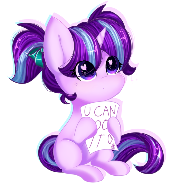 Size: 2393x2506 | Tagged: safe, artist:fleetyarrowdraw, derpibooru import, starlight glimmer, pony, unicorn, g4, cute, female, filly, filly starlight glimmer, foal, glimmerbetes, heart, heart eyes, horn, image, message, pigtails, png, positive ponies, sitting, solo, wingding eyes, younger