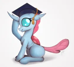 Size: 1024x931 | Tagged: safe, artist:zetamad, derpibooru import, ocellus, changedling, changeling, g4, atg 2019, cute, diaocelles, female, graduation cap, hat, image, jpeg, newbie artist training grounds, profile, simple background, sitting, solo, white background