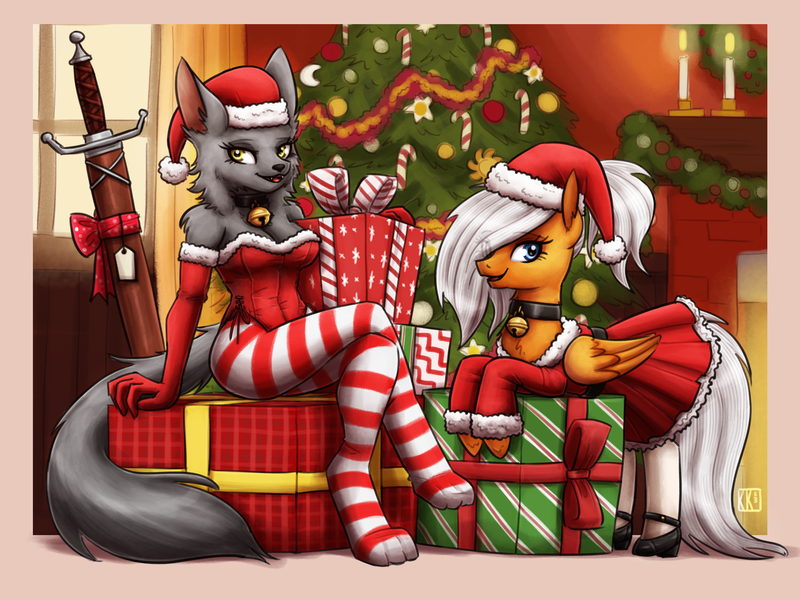 Size: 2200x1650 | Tagged: safe, artist:king-kakapo, derpibooru import, oc, oc:orange cream, anthro, digitigrade anthro, pegasus, pony, g4, anthro oc, anthro with ponies, belt, candle, christmas, christmas tree, clothes, collar, costume, duo, duo female, eye clipping through hair, feet, female, fireplace, gloves, hat, holiday, image, long gloves, non-mlp oc, pantyhose, png, present, santa costume, santa dress, santa hat, secret santa, socks, stocking feet, striped socks, sword, tights, tree, weapon