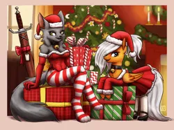 Size: 2200x1650 | Tagged: safe, artist:king-kakapo, derpibooru import, oc, oc:orange cream, anthro, digitigrade anthro, pegasus, pony, g4, anthro oc, anthro with ponies, belt, candle, christmas, christmas tree, clothes, collar, costume, duo, duo female, eye clipping through hair, feet, female, fireplace, gloves, hat, holiday, image, long gloves, non-mlp oc, pantyhose, png, present, santa costume, santa dress, santa hat, secret santa, socks, stocking feet, striped socks, sword, tights, tree, weapon