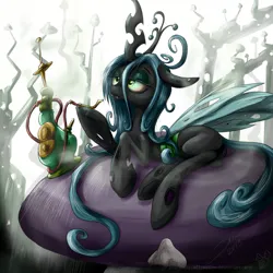 Size: 1466x1464 | Tagged: safe, artist:rule1of1coldfire, derpibooru import, queen chrysalis, changeling, changeling queen, g4, alice in wonderland, female, high, hookah, image, jpeg, lying down, prone, smoking, solo