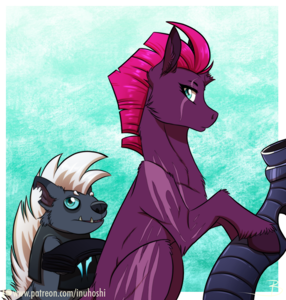 Size: 1298x1362 | Tagged: safe, artist:inuhoshi-to-darkpen, derpibooru import, grubber, tempest shadow, pony, unicorn, g4, my little pony: the movie, adult blank flank, armor, blank flank, blank flank tempest, blue background, broken horn, duo, eye scar, facial scar, female, horn, image, mare, png, realistic horse legs, scar, simple background, sitting, torn ear