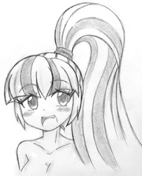 Size: 1716x2109 | Tagged: suggestive, artist:trainbang, derpibooru import, sonata dusk, human, equestria girls, g4, blushing, breasts, busty sonata dusk, cute, drawing, female, grayscale, image, jpeg, looking at you, monochrome, open mouth, ponytail, solo, solo female, sonatabetes, traditional art