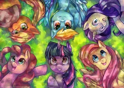 Size: 2904x2065 | Tagged: safe, artist:greyradian, derpibooru import, applejack, fluttershy, pinkie pie, rainbow dash, rarity, twilight sparkle, earth pony, pegasus, pony, unicorn, g4, cute, cute six, dappled sunlight, dashabetes, diapinkes, female, hooves behind head, horn, image, jackabetes, jpeg, lying down, mane six, mare, on back, one of these things is not like the others, pixiv, raribetes, shocked, shyabetes, smiling, starry eyes, twiabetes, unicorn twilight, wingding eyes