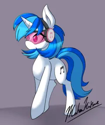 Size: 1868x2228 | Tagged: safe, artist:demonfox, derpibooru import, vinyl scratch, pony, unicorn, g4, female, gray background, headphones, horn, image, mare, png, signature, simple background, solo, visor