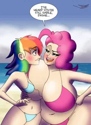 Size: 2088x2872 | Tagged: suggestive, artist:ringteam, derpibooru import, pinkie pie, rainbow dash, human, g4, beach, belly, belly button, big breasts, bikini, boob squish, breast squish, breasts, busty pinkie pie, butt, chubbie pie, chubby, clothes, fat, female, huge breasts, huge butt, humanized, image, impossibly large breasts, jpeg, large butt, lesbian, personal space invasion, pinkiedash, plump, pudgy pie, shipping, swimsuit