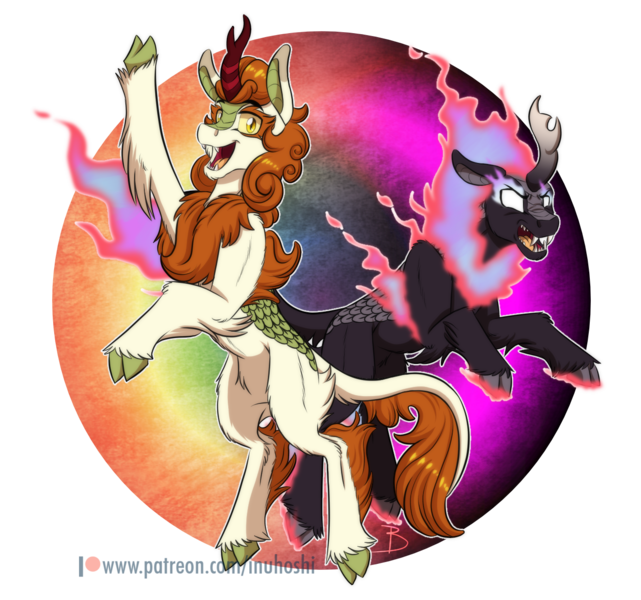 Size: 1314x1230 | Tagged: safe, artist:inuhoshi-to-darkpen, derpibooru import, autumn blaze, kirin, nirik, g4, sounds of silence, blank eyes, cloven hooves, fangs, female, image, mane of fire, my little pony, open mouth, png, rearing, simple background, transparent background