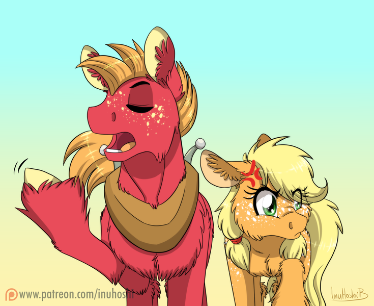 Size: 2217x1810 | Tagged: safe, artist:inuhoshi-to-darkpen, derpibooru import, applejack, big macintosh, earth pony, pony, g4, where the apple lies, chest fluff, cross-popping veins, ear fluff, emanata, eyes closed, female, fluffy, freckles, image, male, mare, my little pony, open mouth, patreon, patreon logo, png, raised hoof, stallion, teenage applejack, teenage big macintosh, teenager, unshorn fetlocks