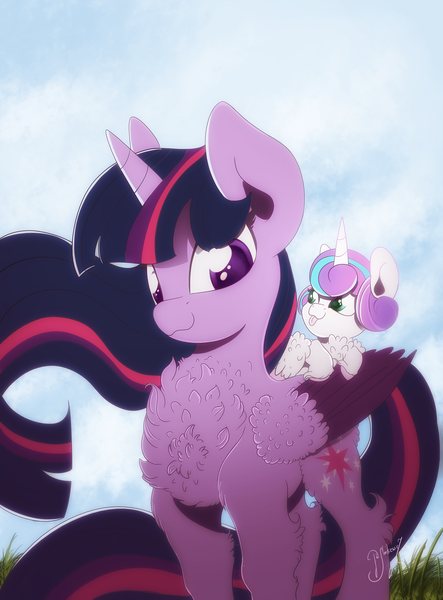 Size: 1475x2000 | Tagged: safe, artist:hagalazka, artist:hagallaz, derpibooru import, princess flurry heart, twilight sparkle, twilight sparkle (alicorn), alicorn, pony, g4, :3, :p, aunt and niece, auntie twilight, baby, baby pony, chest fluff, colored pupils, colored wings, colored wingtips, cute, duo, female, filly, fluffy, flurry heart riding twilight, flurrybetes, foal, image, leaning, leg fluff, mare, multicolored wings, neck fluff, png, ponies riding ponies, riding, riding a pony, silly, smiling, tongue out, wing fluff, wings