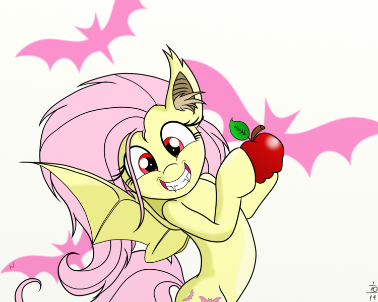 Size: 2500x2000 | Tagged: safe, artist:arcuswind, derpibooru import, fluttershy, bat pony, pony, g4, apple, bat ponified, cute, ear fluff, fangs, female, flutterbat, food, grin, image, png, race swap, shyabates, shyabetes, smiling, solo