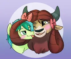 Size: 1024x851 | Tagged: safe, artist:paisleyperson, derpibooru import, sandbar, yona, earth pony, pony, yak, g4, :p, blushing, bust, cheek squish, cute, female, image, interspecies, male, monkey swings, png, portrait, sandabetes, shipping, signature, simple background, squishy cheeks, stallion, straight, tongue out, yonabar, yonadorable