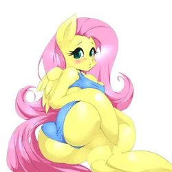 Size: 1200x1200 | Tagged: suggestive, artist:vin4art, derpibooru import, fluttershy, anthro, pegasus, g4, ass, bikini, blushing, breasts, butt, clothes, female, flutterbutt, image, looking back, lying down, png, side, simple background, solo, solo female, swimsuit