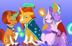 Size: 3080x1947 | Tagged: safe, artist:colourstrike, derpibooru import, firelight, starlight glimmer, stellar flare, sunburst, pony, unicorn, g4, the parent map, clothes, coat markings, comb, combing hair, combing mane, cookie, father and child, father and daughter, fathers gonna father, female, food, glow, glowing horn, headscarf, horn, hug, image, jpeg, magic, male, mare, milk, mother and child, mother and son, mothers gonna mother, my little pony, scarf, smiling, socks (coat marking), stallion, starlight glimmer is not amused, starlight is not amused, sunburst is not amused, telekinesis, unamused