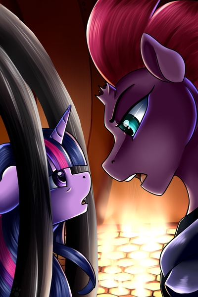 Size: 2000x3000 | Tagged: safe, artist:crecious, derpibooru import, tempest shadow, twilight sparkle, twilight sparkle (alicorn), alicorn, pony, unicorn, g4, my little pony: the movie, broken horn, cage, duo, female, horn, image, looking at each other, looking at someone, mare, open mouth, open up your eyes, png, scene interpretation