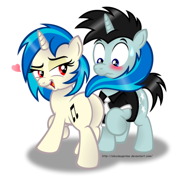 Size: 2437x2461 | Tagged: suggestive, artist:aleximusprime, derpibooru import, neon lights, rising star, vinyl scratch, pony, unicorn, g4, blushing, butt, clothes, cute, female, heart, horn, image, male, mare, necktie, plot, png, seduction, ship:vinylights, shipping, simple background, stallion, straight, sweat, sweatdrop, tail, tail seduce, transparent background, wrong eye color