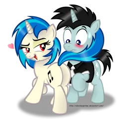 Size: 2437x2461 | Tagged: suggestive, artist:aleximusprime, derpibooru import, neon lights, rising star, vinyl scratch, pony, unicorn, g4, blushing, butt, clothes, cute, female, heart, horn, image, male, mare, necktie, plot, png, seduction, ship:vinylights, shipping, simple background, stallion, straight, sweat, sweatdrop, tail, tail seduce, transparent background, wrong eye color