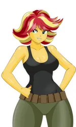 Size: 1500x2500 | Tagged: suggestive, artist:chuyryu, derpibooru import, sunset shimmer, human, equestria girls, g4, belt, big breasts, breasts, busty sunset shimmer, cleavage, clothes, commission, female, humanized, image, jpeg, looking at you, meryl silverburgh, metal gear, pants, simple background, solo, tanktop, tomboy, white background