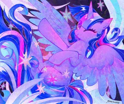 Size: 2048x1726 | Tagged: safe, alternate version, artist:petaltwinkle, derpibooru import, twilight sparkle, twilight sparkle (alicorn), alicorn, pony, g4, abstract background, bangs, blushing, colored, colored wings, colored wingtips, detailed, ear blush, eye clipping through hair, eyelashes, female, flying, horn, horn blush, image, jpeg, long mane, long tail, looking at you, mare, multicolored mane, multicolored tail, multicolored wings, needs more jpeg, nose blush, one eye closed, purple coat, purple eyes, raised hoof, shiny coat, shiny eyes, shiny mane, shiny tail, signature, smiling, smiling at you, solo, sparkles, spread wings, stars, tail, unicorn horn, wingding eyes, wings