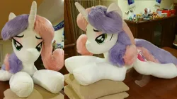 Size: 4032x2268 | Tagged: safe, artist:ponimalion, derpibooru import, sweetie belle, pony, unicorn, g4, bedroom eyes, eyeshadow, female, horn, image, irl, jpeg, lidded eyes, life size, makeup, mare, photo, pillow, plushie, smiling, tail