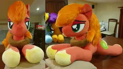 Size: 4032x2268 | Tagged: safe, artist:ponimalion, derpibooru import, big macintosh, pony, g4, bedroom eyes, image, irl, jpeg, lidded eyes, life size, male, photo, pillow, plushie, smiling, stallion, tail, yoke