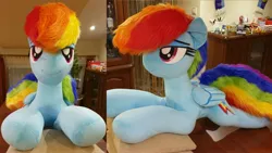 Size: 4032x2268 | Tagged: safe, artist:ponimalion, derpibooru import, rainbow dash, pegasus, pony, g4, bedroom eyes, female, image, irl, jpeg, lidded eyes, life size, mare, photo, pillow, plushie, smiling, tail, wings