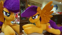 Size: 4032x2268 | Tagged: safe, artist:ponimalion, derpibooru import, scootaloo, pegasus, pony, g4, bedroom eyes, female, image, irl, jpeg, lidded eyes, life size, mare, photo, pillow, plushie, smiling, tail, wings