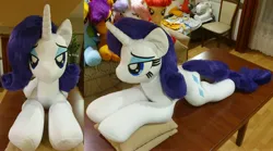 Size: 4032x2236 | Tagged: safe, artist:ponimalion, derpibooru import, rarity, pony, unicorn, g4, bedroom eyes, eyeshadow, female, horn, image, irl, jpeg, lidded eyes, life size, makeup, mare, photo, pillow, plushie, smiling, tail