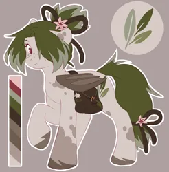 Size: 2015x2048 | Tagged: safe, artist:cheekipone, ponerpics import, oc, oc:cozy sage, unofficial characters only, bat pony, pony, bag, bat pony oc, bat wings, bow, coat markings, color palette, cutie mark, eyebrows, female, floppy ears, flower, flower in hair, folded wings, freckles, gray background, hair bow, hair over one eye, image, mare, outline, paintbrush, png, raised hoof, reference sheet, saddle bag, simple background, smiling, socks (coat marking), solo, splotches, standing, two toned mane, two toned tail, unshorn fetlocks, wings