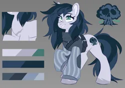 Size: 2048x1434 | Tagged: safe, artist:cheekipone, ponerpics import, oc, oc:collateral damage, unofficial characters only, earth pony, pony, belt, close-up, clothes, color palette, cutie mark, earth pony oc, eyebrows visible through hair, female, gray background, harness, image, long sleeves, mare, png, raised hoof, reference sheet, scar, simple background, sleeveless, sleeveless sweater, smiling, solo, standing, sweater, tack, two toned mane, two toned tail, unshorn fetlocks