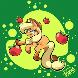 Size: 2748x2736 | Tagged: safe, artist:pumpkinraventrick, derpibooru import, applejack, earth pony, pony, g4, apple, colored hooves, female, food, frog (hoof), heart, heart eyes, high res, hooves, image, mare, open mouth, open smile, png, smiling, solo, underhoof, wingding eyes