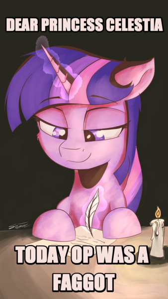 Size: 1252x2222 | Tagged: safe, alternate version, artist:sigilponies, derpibooru import, edit, twilight sparkle, unicorn, g4, candle, dear princess celestia, faggot, horn, image, letter, png, slur, vulgar