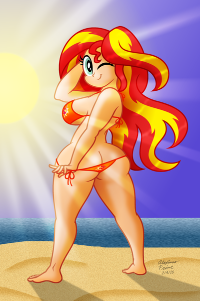 Size: 2000x3000 | Tagged: suggestive, artist:aleximusprime, derpibooru import, sunset shimmer, human, equestria girls, g4, adorasexy, ass, barefoot, beach, big breasts, bikini, boobs and butt pose, breasts, bunset shimmer, busty sunset shimmer, butt, butt crack, cleavage, clothes, curvy, cute, cutie mark, cutie mark bikini, cutie mark on clothes, date (time), feet, female, hand on head, happy, high res, hourglass figure, huge butt, humanized, image, large butt, looking back, one eye closed, orange bikini, outdoors, panties, panty pull, png, printed bikini, rear view, sand, sexy, shadow, shiny hair, side-tie bikini, sideboob, signature, smiling, solo, solo female, standing, string bikini, sun, sun ray, swimsuit, teasing, the ass was fat, thighs, thong, thong swimsuit, thunder thighs, underwear, wide hips, wink