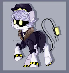 Size: 2816x2964 | Tagged: safe, artist:alexgreen, artist:лёша рыбаков, derpibooru import, ponified, pony, robot, robot pony, clothes, coat, commission, disassembly drone, gray background, hat, high res, image, male, murder drones, n, png, raised hoof, serial designation n, simple background, smiling, solo, stallion, syringe, tail