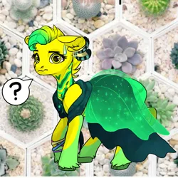 Size: 1024x1024 | Tagged: safe, derpibooru import, oc, unofficial characters only, earth pony, avatar maker fantasy pony, chat bubble, clothes, down ears, earth pony oc, eyelashes, flower background, foot accessory, green hooves, head accessory, image, looking at you, mare oc, neck design, png, sparkles, two toned mane, water droplet, worried, yellow body, yellow eyes