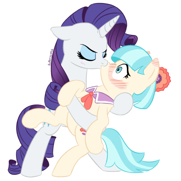 Size: 1920x1920 | Tagged: safe, artist:_butterscotch, derpibooru import, coco pommel, rarity, earth pony, pony, unicorn, g4, blush lines, blushing, clothes, cute, duo, duo female, ear blush, eyes closed, female, flower, flower in hair, horn, image, kiss on the lips, kissing, lesbian, mare, necktie, png, pose, romantic, ship:marshmallow coco, shipping, simple background, transparent background