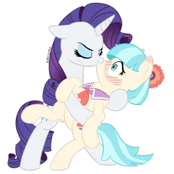 Size: 1920x1920 | Tagged: safe, artist:_butterscotch, derpibooru import, coco pommel, rarity, earth pony, pony, unicorn, g4, blush lines, blushing, clothes, cute, duo, duo female, ear blush, eyes closed, female, flower, flower in hair, horn, image, kiss on the lips, kissing, lesbian, mare, necktie, png, pose, romantic, ship:marshmallow coco, shipping, simple background, transparent background