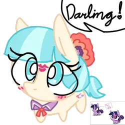 Size: 1920x1920 | Tagged: safe, artist:_butterscotch, derpibooru import, coco pommel, twilight sparkle, earth pony, unicorn, g4, blush lines, blushing, chibi, clothes, cocobetes, cute, flower, horn, image, implied rarity, kiss mark, lipstick, necktie, png, reference, reference used, unicorn twilight