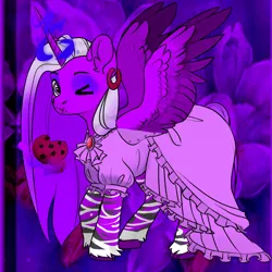 Size: 1024x1024 | Tagged: safe, derpibooru import, oc, unofficial characters only, alicorn, alicorn oc, avatar maker fantasy pony, blue eyeshadow, blue magic, clothes jewel, cookie, ear accessory, eyeshadow, feet design, food, glow, glowing horn, horn, image, long mane, makeup, mare oc, png, purple background, purple mane, purple skin, purple tail, simple background, spread wings, tail, wings, winks