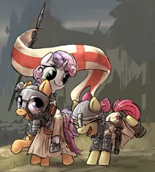 Size: 1520x1692 | Tagged: safe, artist:uteuk, derpibooru import, apple bloom, scootaloo, sweetie belle, earth pony, pegasus, pony, unicorn, g4, armor, crusader, cutie mark crusaders, fantasy class, female, flag, helmet, horn, image, knight, mare, paladin, png, riding, spear, sword, warrior, weapon