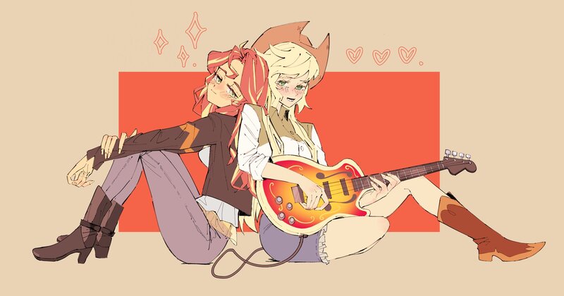 Size: 2048x1076 | Tagged: safe, artist:amazingpuffhair, derpibooru import, applejack, sunset shimmer, human, equestria girls, g4, bass guitar, commission, duo, duo female, female, image, jpeg, musical instrument, passepartout, sitting