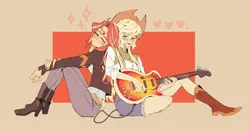 Size: 2048x1076 | Tagged: safe, artist:amazingpuffhair, derpibooru import, applejack, sunset shimmer, human, equestria girls, g4, bass guitar, commission, duo, duo female, female, image, jpeg, musical instrument, passepartout, sitting