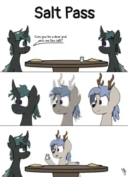 Size: 3840x5310 | Tagged: safe, artist:japkozjad, derpibooru import, oc, unnamed oc, changeling, deer, 3 panel comic, changeling oc, comic, deer oc, food, image, non-pony oc, png, pun, salt shaker, simple background, table, visual pun