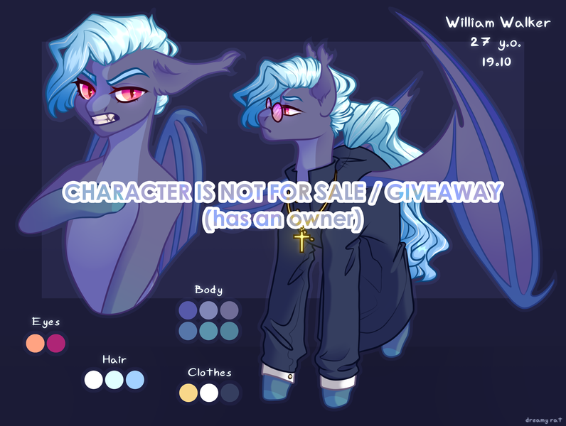 Size: 4502x3392 | Tagged: safe, artist:dreamyrat, derpibooru import, oc, unofficial characters only, bat pony, pony, undead, vampire, bat pony oc, bat wings, blue mane, clothes, commission, cross, ear fluff, floppy ears, glasses, gradient background, high res, image, looking at you, male, obtrusive watermark, pink eyes, png, priest, reference, reference sheet, solo, stallion, watermark, wings