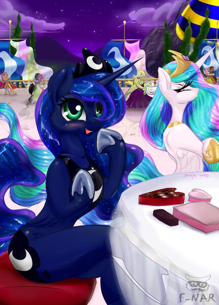 Size: 2075x2890 | Tagged: safe, artist:f-nar, derpibooru import, princess celestia, princess luna, alicorn, pony, semi-anthro, g4, anatomically incorrect, banner, bipedal, blue mane, blue tail, blushing, canterlot, chocolate, chocoluna, concave belly, crown, cute, duo, ethereal mane, ethereal tail, female, flowing mane, flowing tail, folded wings, food, hearts and hooves day, holiday, hoof shoes, image, incorrect leg anatomy, jealous, jewelry, jpeg, luna loves chocolate, lunabetes, mare, night, open mouth, open smile, peytral, princess shoes, regalia, sitting, slender, smiling, tail, that pony sure does love chocolate, thin, valentine, valentine's day, wings